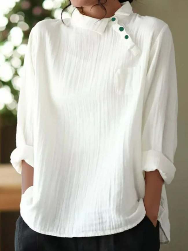 Solid Loose Diagonal Button Double Layer Cotton Long Sleeved Shirt