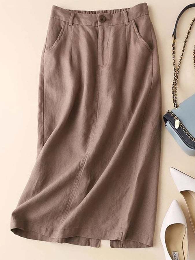 Cotton Linen Semi-elastic Waist Slit Skirt