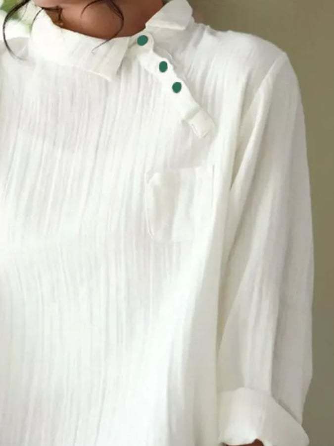 Solid Loose Diagonal Button Double Layer Cotton Long Sleeved Shirt