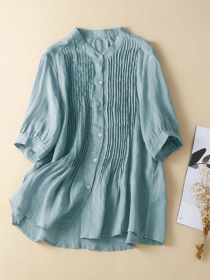 Solid Color Cotton Linen Loose Stand Collar Shirt