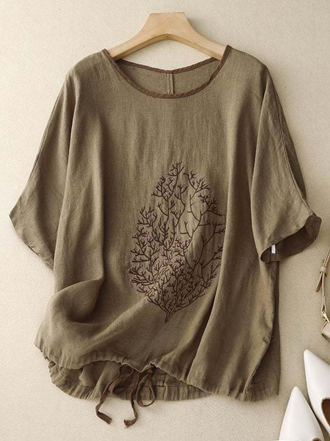 Retro Ethnic Loose Embroidery Colore Contrast Round Neck Shirt