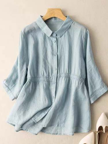 Cotton And Linen Lace Paneling Casual Shirt