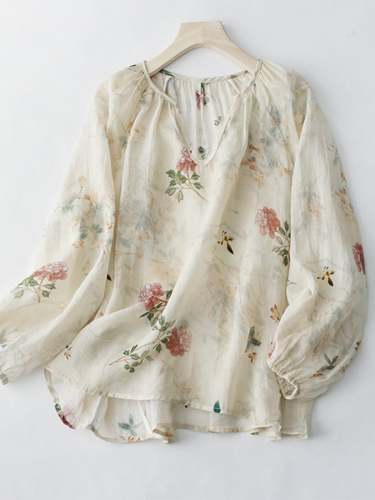 Fashion Print V-Neck Cotton Linen Shirt
