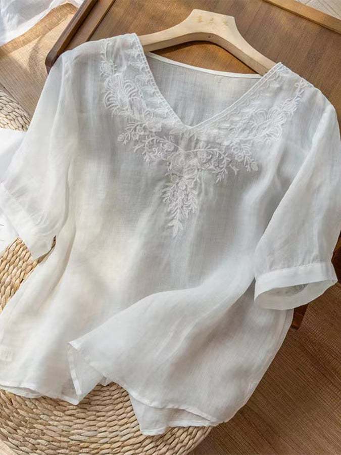 Cotton And Linen V-neck Embroidered Loose Shirt