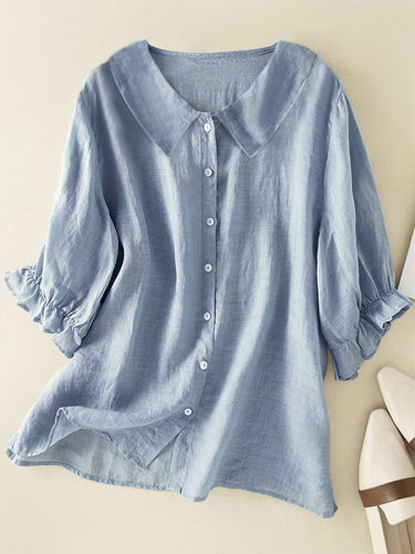 Cotton And Linen Solid Color Five-Quarter Sleeve Lapel Loose Shirt