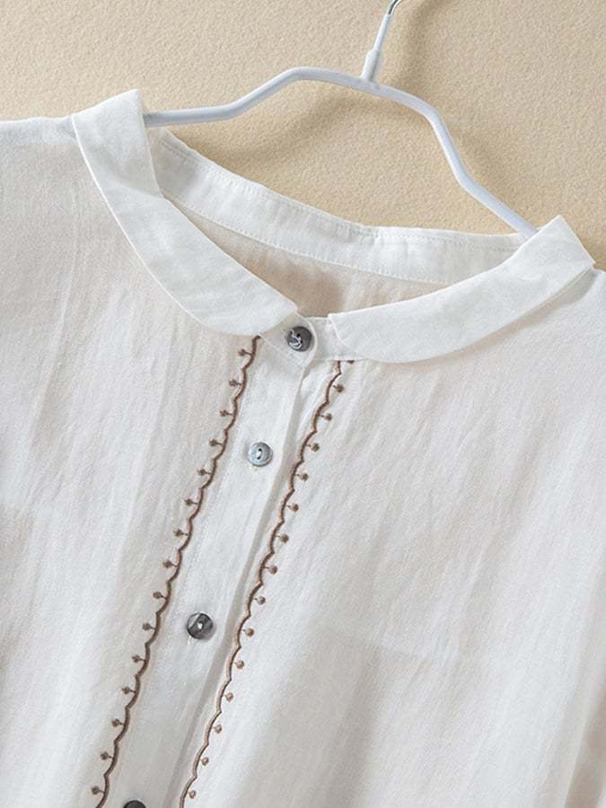 Cotton Linen Loose Embroidered Lapel Shirt