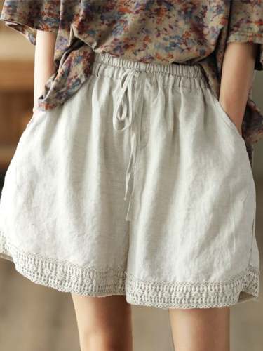 Retro Hollow Crochet Mosaic Cotton Linen Shorts