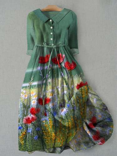 Women's Vintage Floral Embroidered Print Square Neck Lace-Up Dress