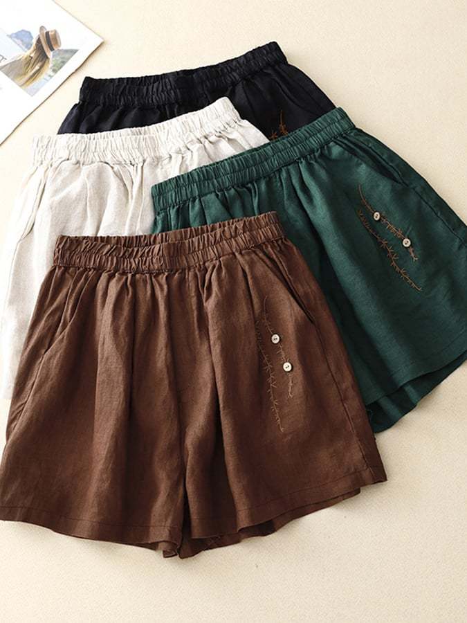 Elastic Waist Casual Embroidered Shorts