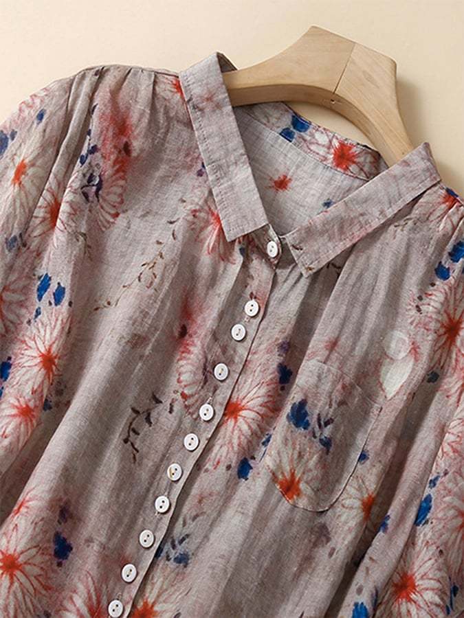 Cotton And Linen Short Sleeved Printed Retro Small Breasted Loose Shirt