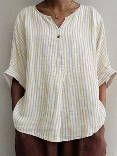 Women's V-Neck Striped Loose Long Sleeve Cotton Linen Shirt