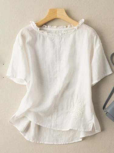 Women'S Embroidered Crew Neck Short Sleeve Relaxed Linen Top