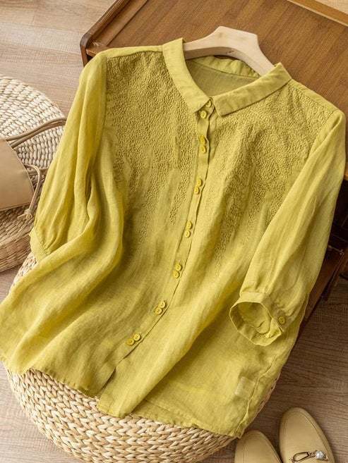 Women'S Embroidered Half Sleeve Casual Linen Shirt Top