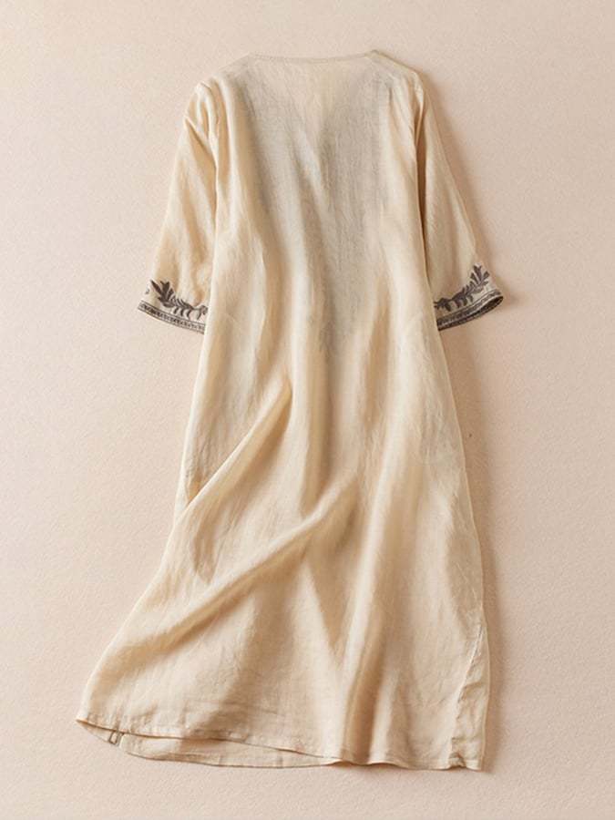Women's Literary Retro Temperament Elegant Loose V-Neck Embroidery Two-Piece Dress