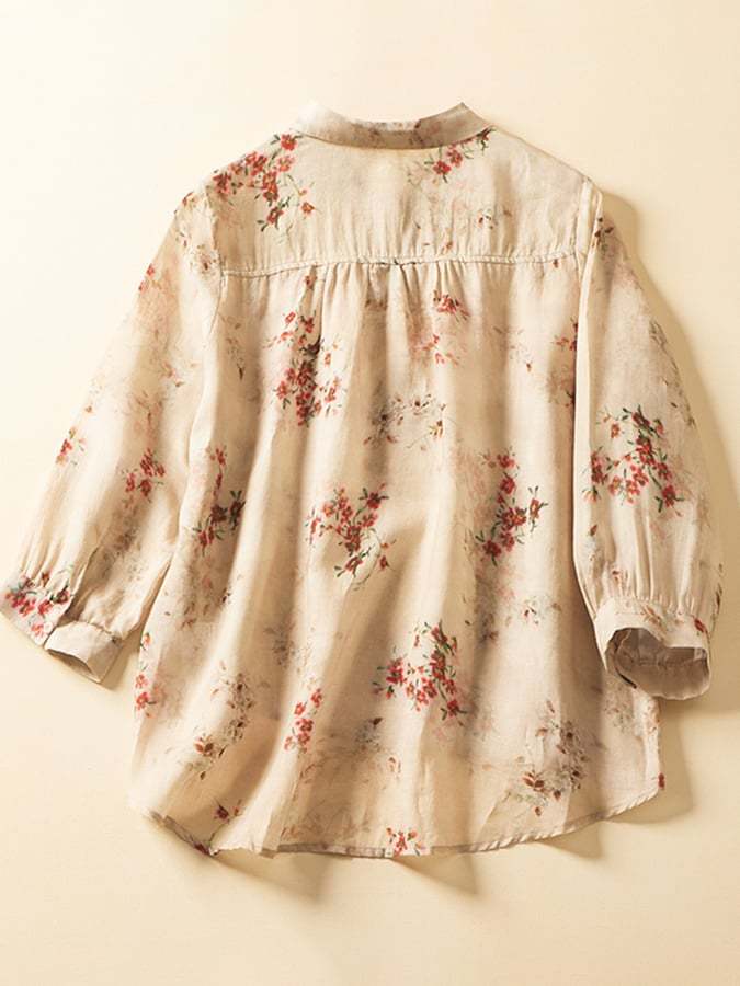 Cotton And Linen Printed Lapel 3/4 Sleeve Loose Shirt