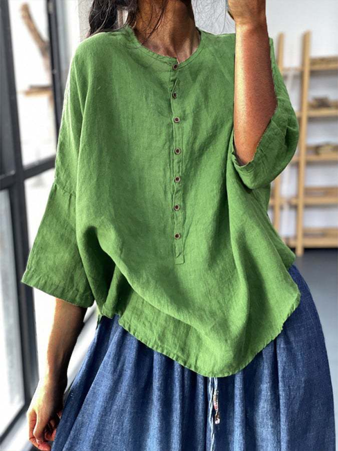 Women's Loose Casual Cotton Linen Shirt With Irregular Hem And Seven Point Sleeves