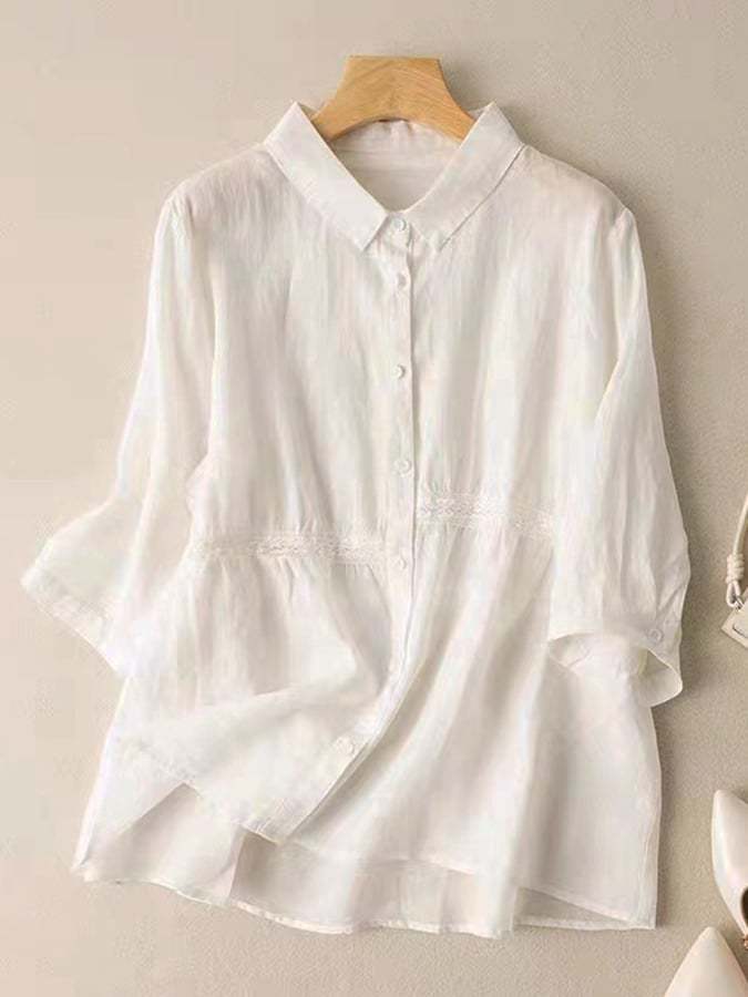 Cotton And Linen Lace Paneling Casual Shirt