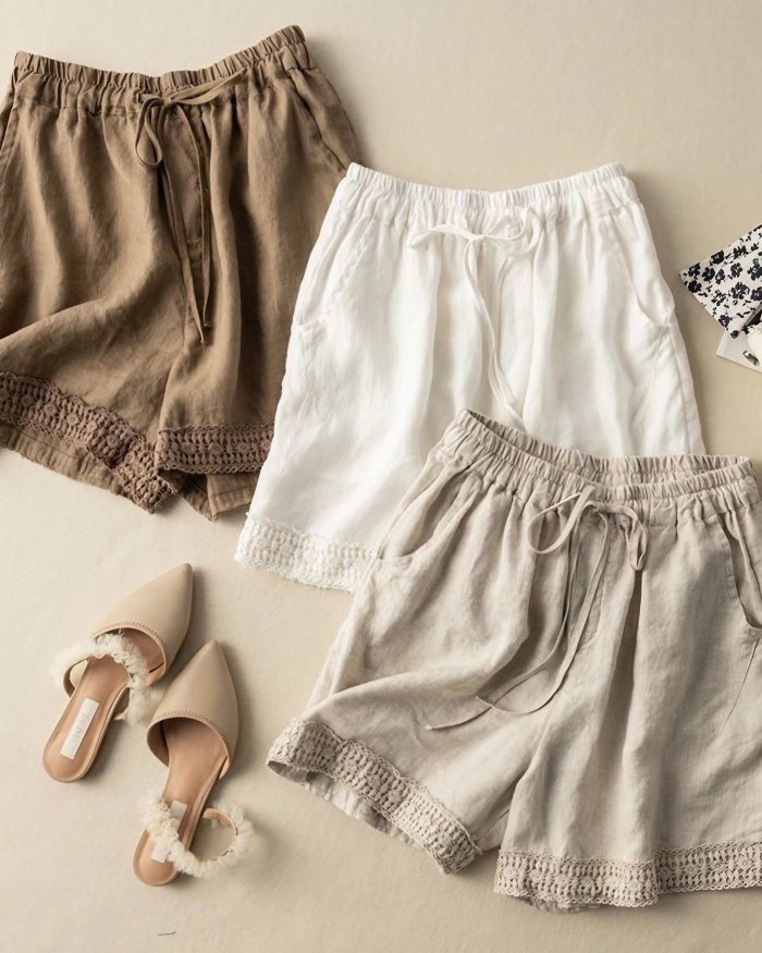 Cotton And Linen Retro Hook Flower High Waisted Shorts