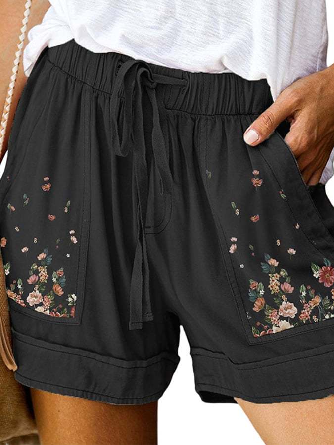 Cotton Linen Patch Pocket Print Loose Shorts