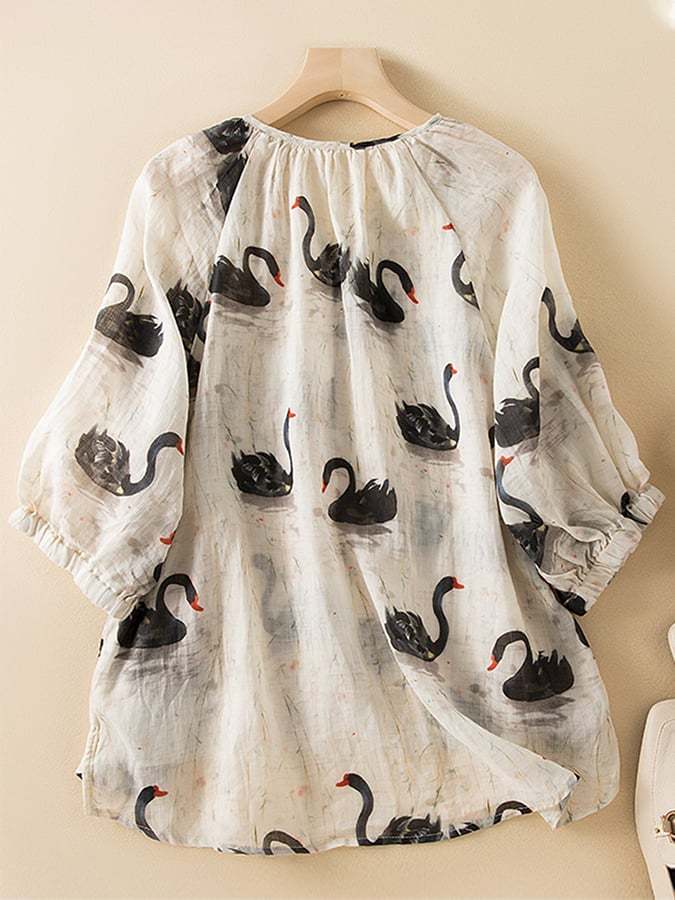 Cotton And Linen Swan Print Casual Top
