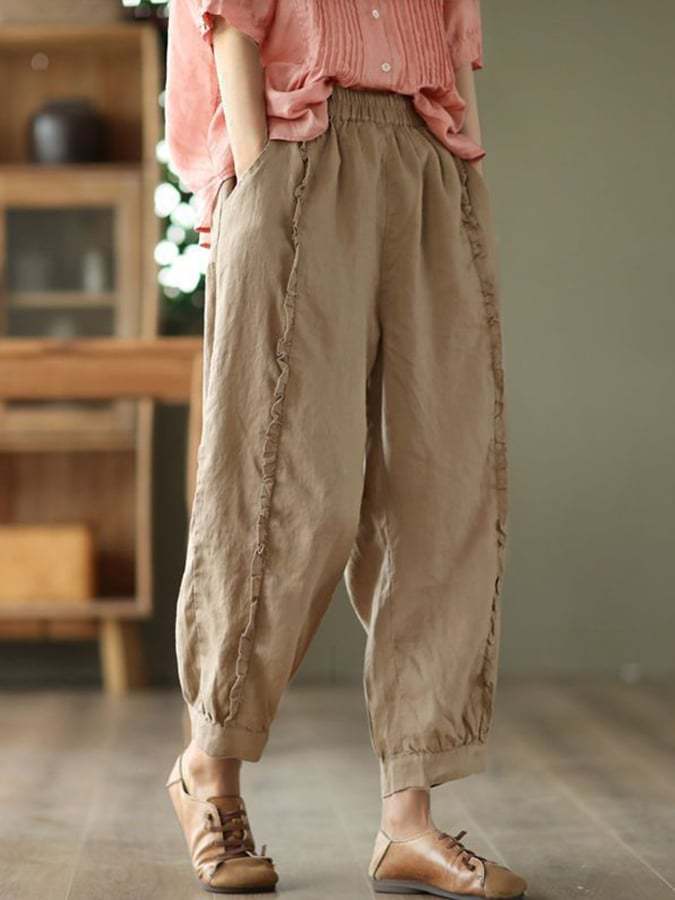 Cotton Linen Retro Wood Ear Stitching Casual Pants