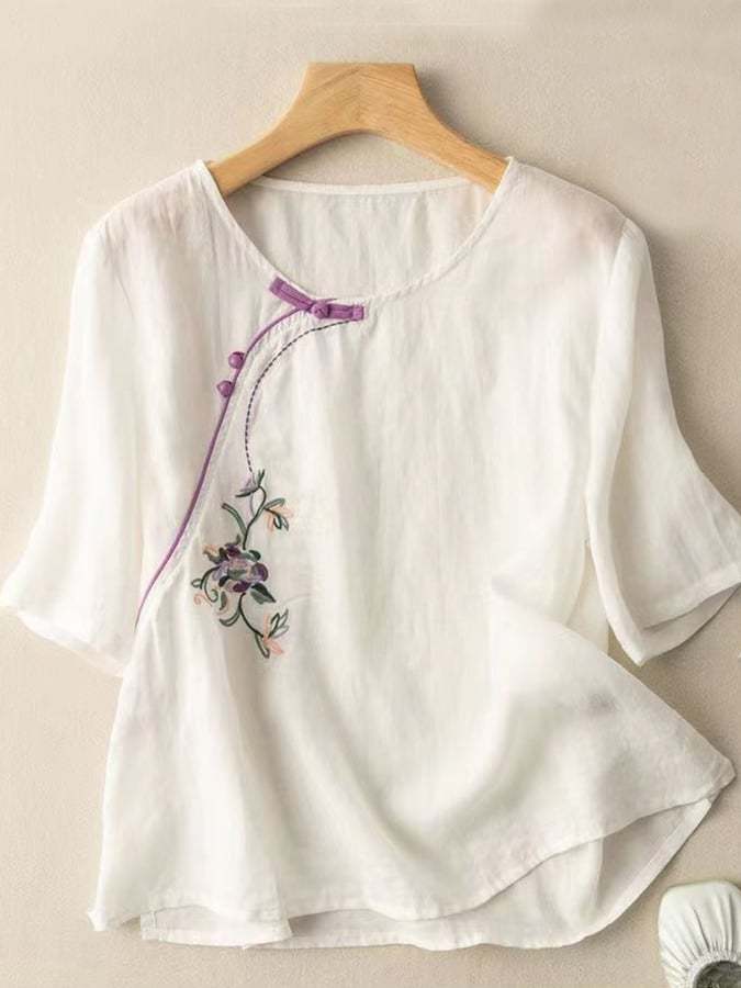 Retro Embroidery Cotton Diagonal Flap Button Shirt