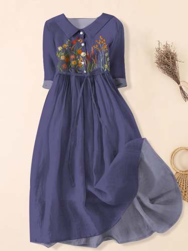 Women's Vintage Floral Embroidery Design Print Dress