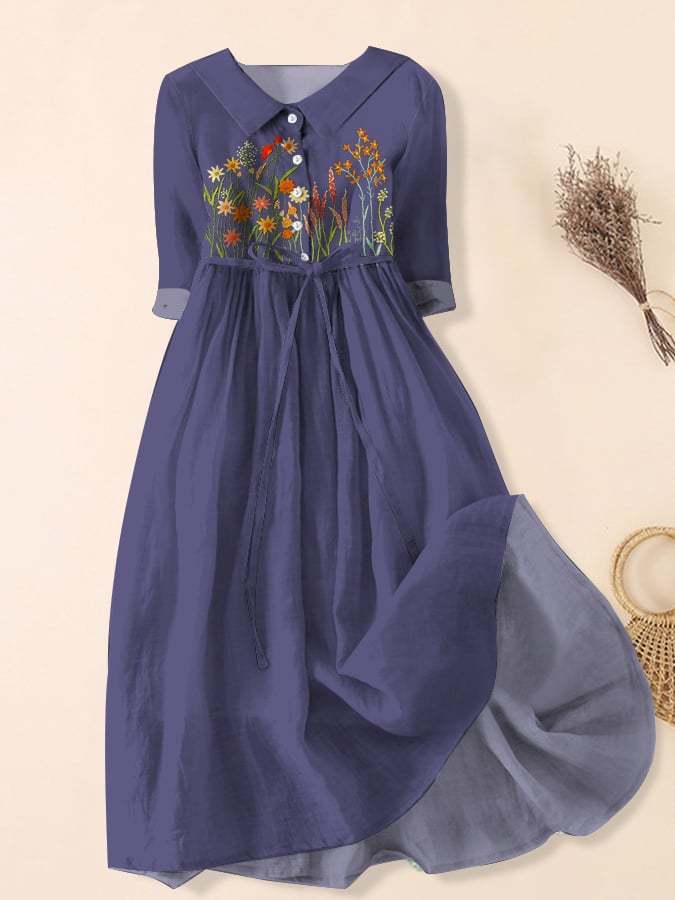 Women's Vintage Floral Embroidery Design Print Dress