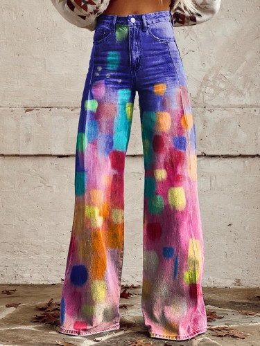 Women's Bright Art Color Block Print Casual Wide Leg Pants