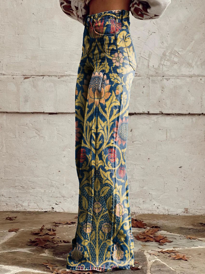 Women's Vintage Floral Print Casual Wide Leg Pants