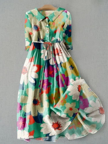 Literary Casual Floral Print Tie Loose Dress