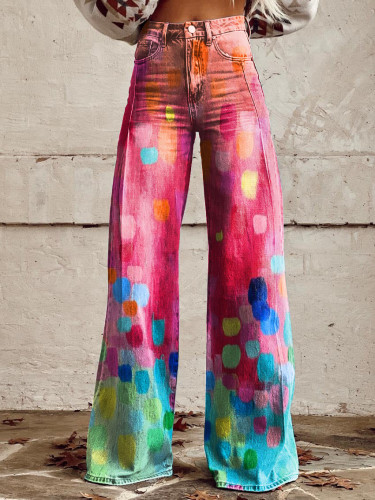 Women's Bright Color Block Print Casual Wide Leg Pants