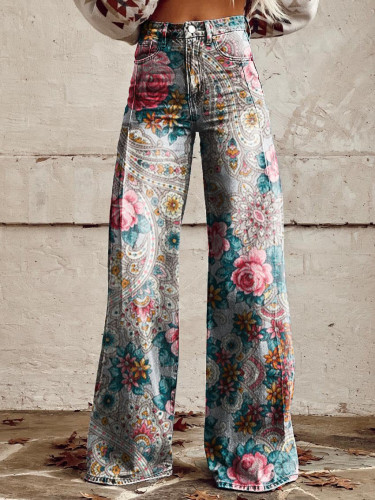 Women's Vintage Bohemian Floral Print Casual Wide Leg Pants