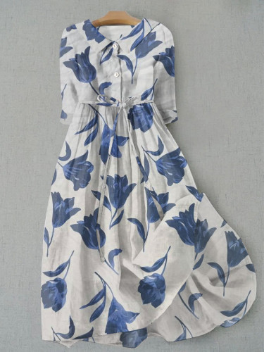 Casual Art Floral Print Tie Loose Dress