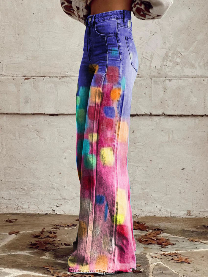 Women's Bright Art Color Block Print Casual Wide Leg Pants