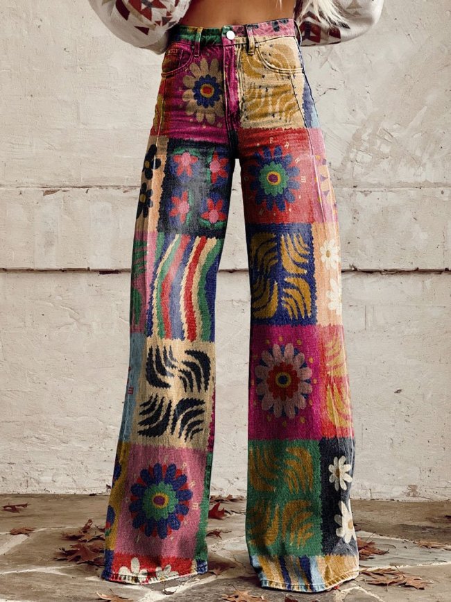 Women's Vintage Flower Print Casual Wide Leg Pants