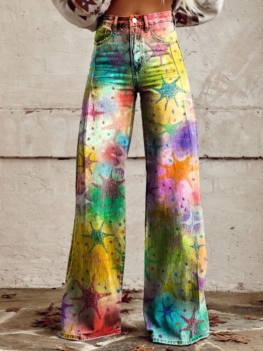 Women's Vintage Colorful Stars Print Casual Wide Leg Pants