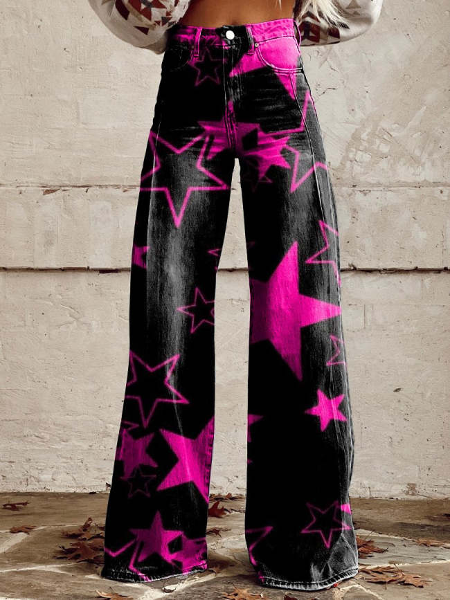 Pink Star Print Women's Print Casual Wide Leg Pants