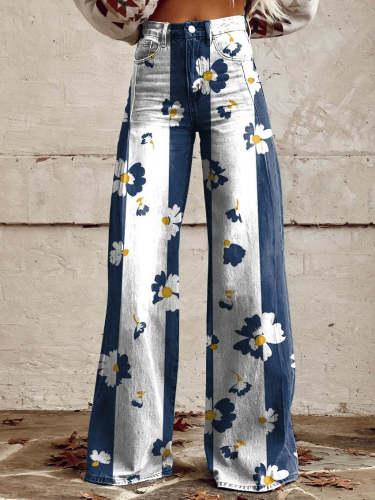 Women's Blue and White Flowers Print Casual Wide Leg Pants