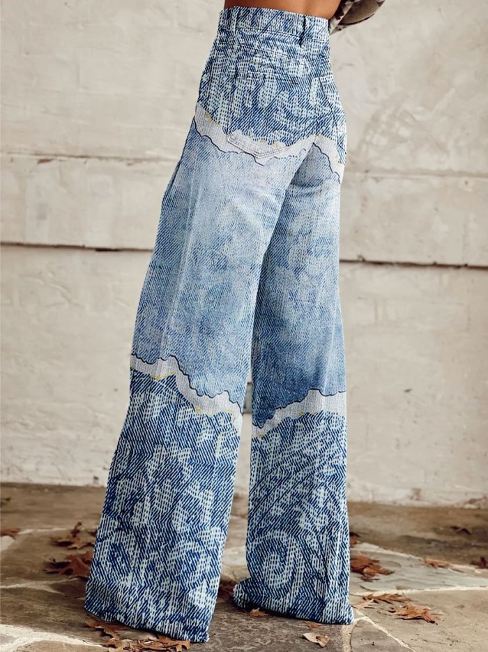 Women's Vintage Texture Print Casual Wide Leg Pants