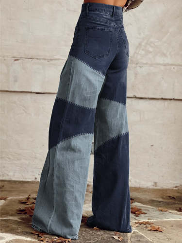 Women's Retro Denim Pattern Zipper Stitching Dark Blue Light Blue Mixed Color Print Casual Wide Leg Pants