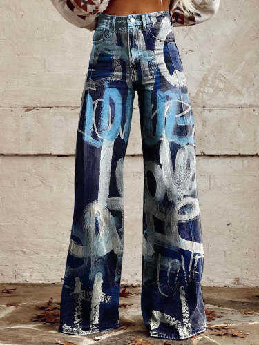Women's Blue and White Love Print Casual Wide Leg Pants
