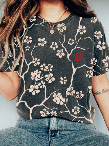 Cherry Blossom Japanese Lino Art Vintage T Shirt