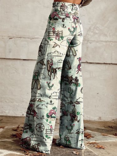 Women's Vintage Print Casual Wide Leg Pants