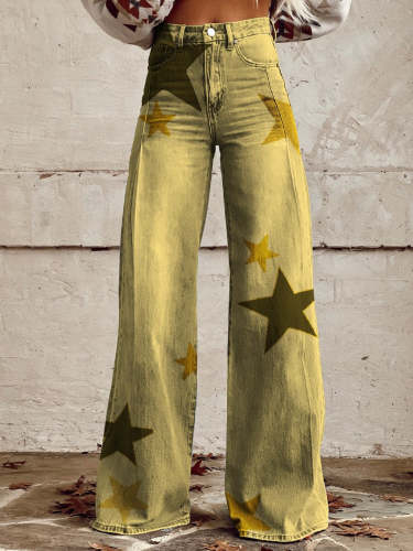 Women's Yellow Star Print Casual Wide Leg Pants