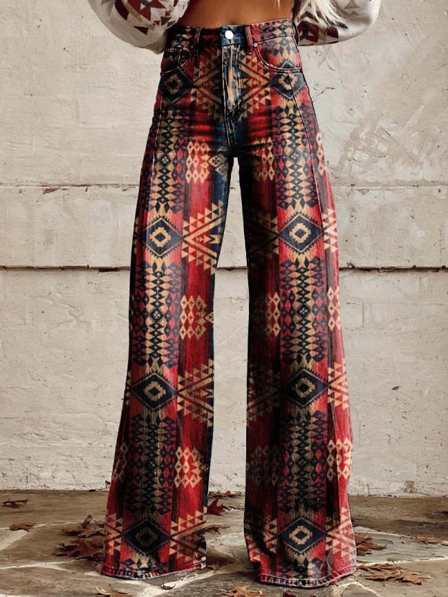 Women's Red and Blue Aztecs Print Casual Wide Leg Pants