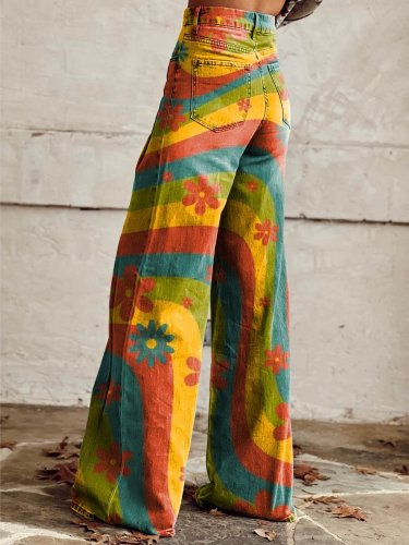 Women's Colorful Flower Print Casual Wide Leg Pants