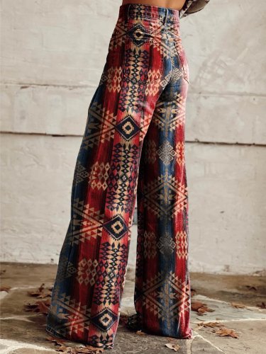 Women's Red and Blue Aztecs Print Casual Wide Leg Pants