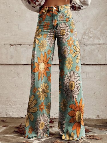 Women's Vintage Floral Daisy Print Casual Wide Leg Pants