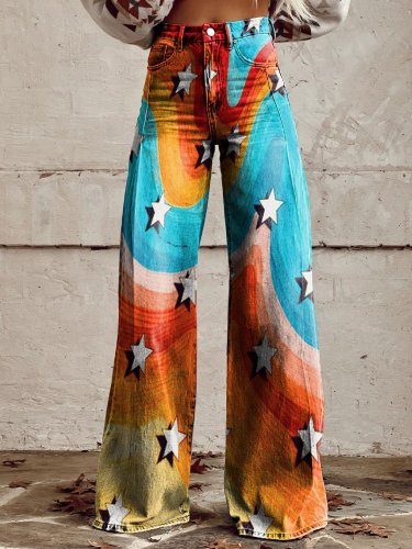 Women's Vintage Rainbow Stars Print Casual Wide Leg Pants